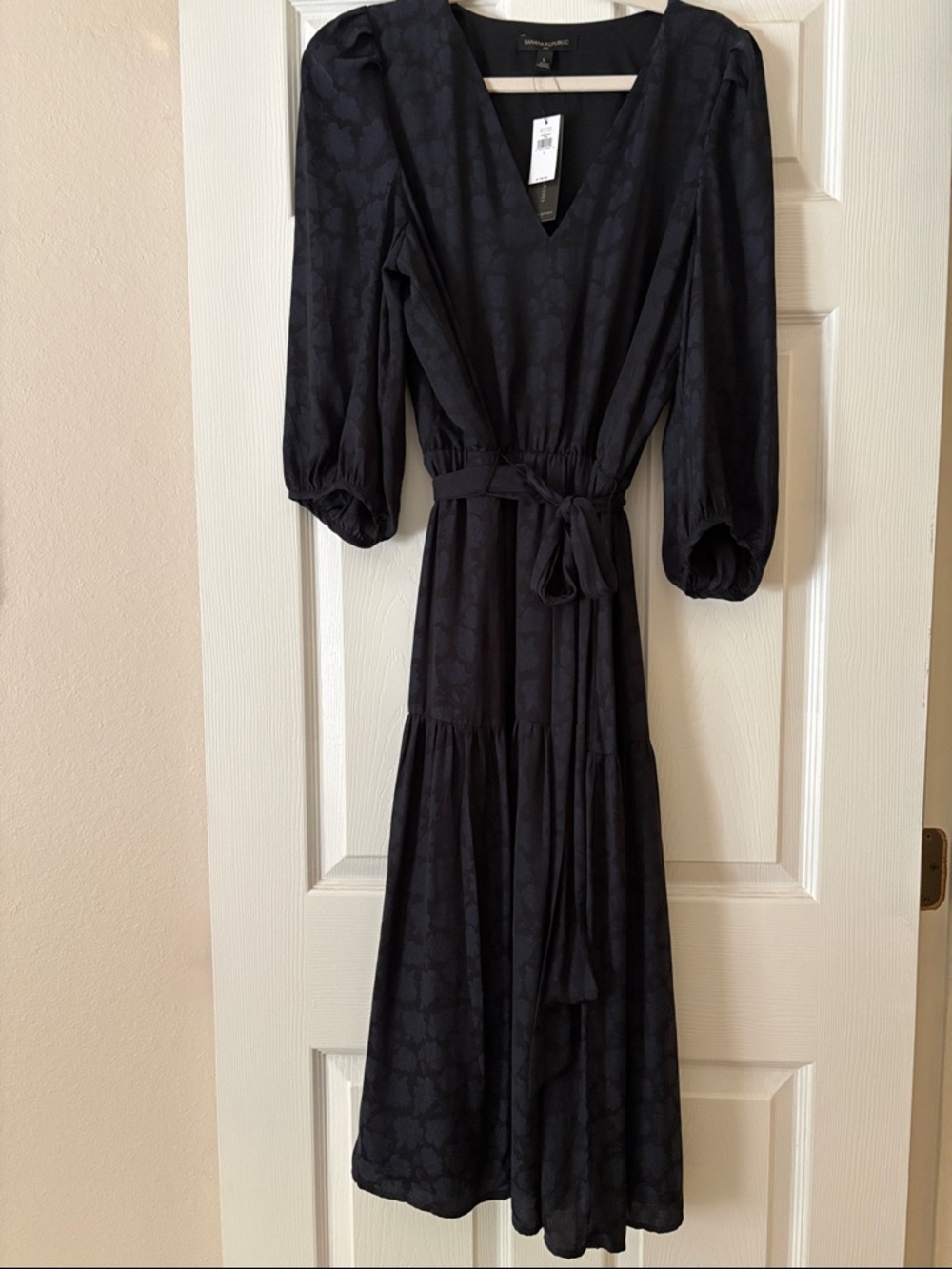 Banana Republic Black Floral Jacquard Midi Dress with Tie Waist